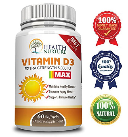HEALTH NURTURE VITAMIN D3 MAXIMUM STRENGTH 5,000 IU - The Best Vitamin D3 Supplement - Supports Healthy Muscle Function, Bone Health, Prostate, Dental...