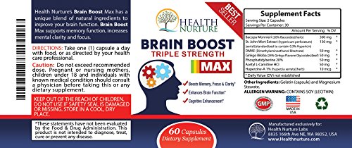 HEALTH NURTURE BRAIN BOOST MAXIMUM STRENGTH - Best Brain Supplement - Nootropics Brain Booster, Memory Support,Vitamins for Brain Health, Best Mind Supplements, Focus,Clarity & Cognitive Function