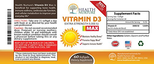 HEALTH NURTURE VITAMIN D3 MAXIMUM STRENGTH 5,000 IU - The Best Vitamin D3 Supplement - Supports Healthy Muscle Function, Bone Health, Prostate, Dental...