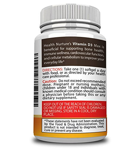 HEALTH NURTURE VITAMIN D3 MAXIMUM STRENGTH 5,000 IU - The Best Vitamin D3 Supplement - Supports Healthy Muscle Function, Bone Health, Prostate, Dental...