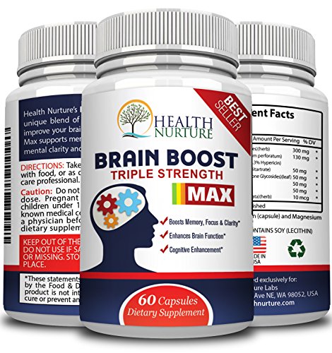 HEALTH NURTURE BRAIN BOOST MAXIMUM STRENGTH - Best Brain Supplement - Nootropics Brain Booster, Memory Support,Vitamins for Brain Health, Best Mind Supplements, Focus,Clarity & Cognitive Function