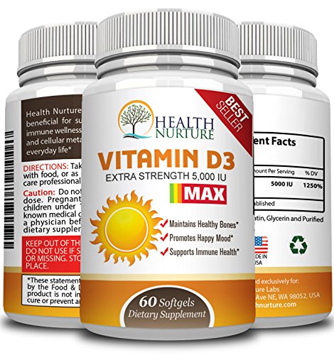 HEALTH NURTURE VITAMIN D3 MAXIMUM STRENGTH 5,000 IU - The Best Vitamin D3 Supplement - Supports Healthy Muscle Function, Bone Health, Prostate, Dental...